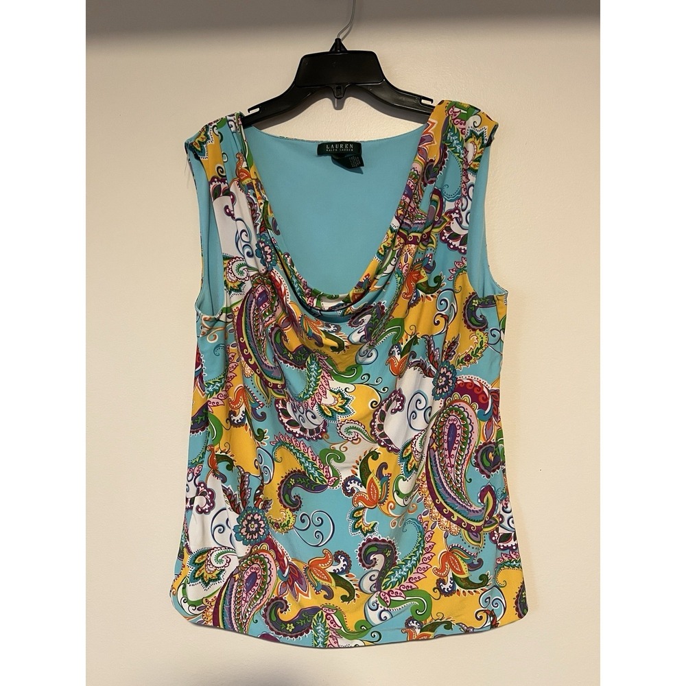 Lauren Ralph Lauren Shirt Womens 1X Paisley Sleeveless Cowl Neck Tank Top Chic